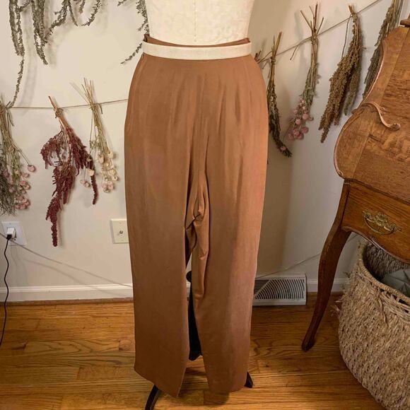 Studio G Camel Rust Colored 100% Silk Pleated Trousers Size 6 Holiday - Picture 5 of 7